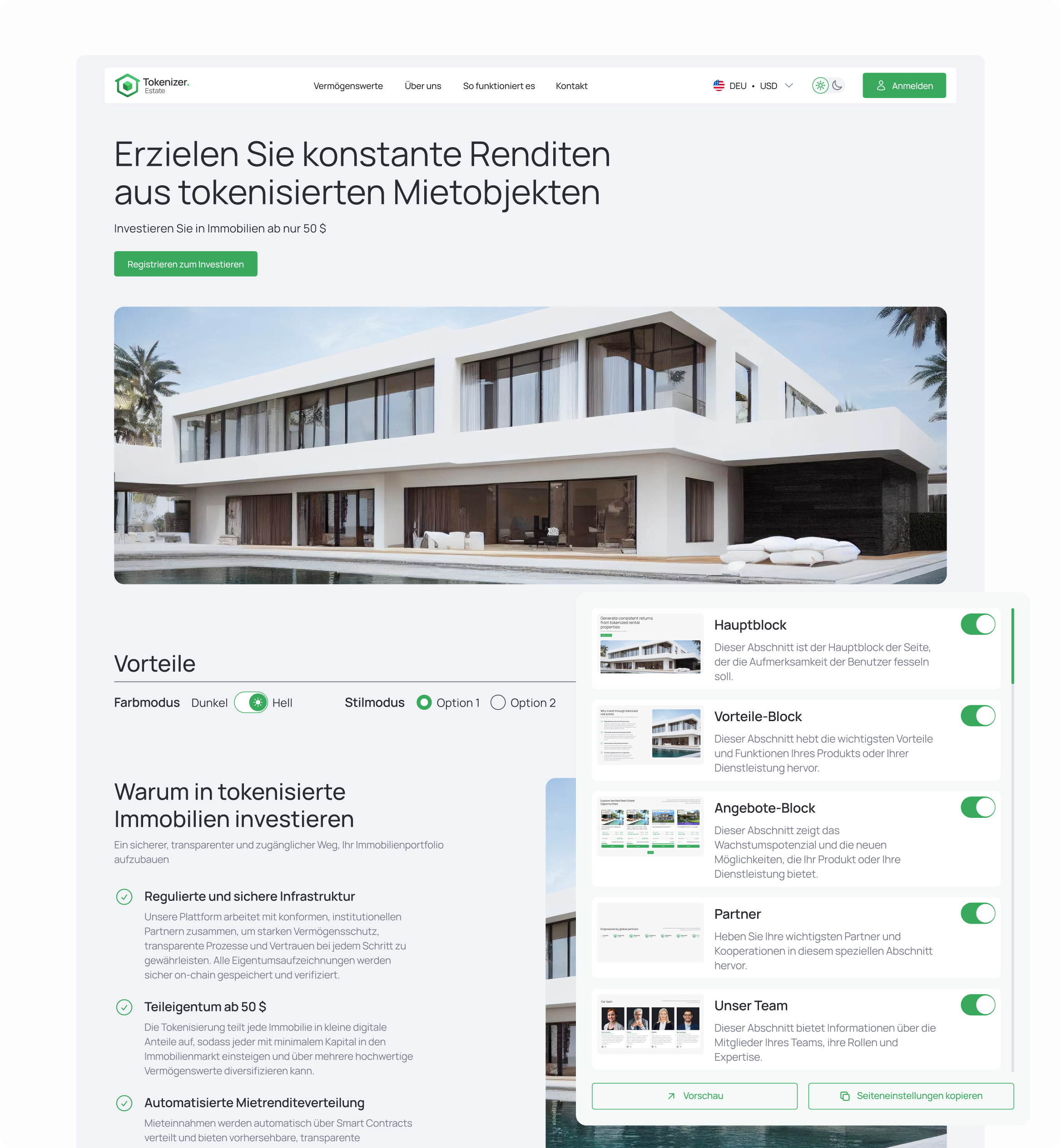 Custom project landing page for tokenized real estate