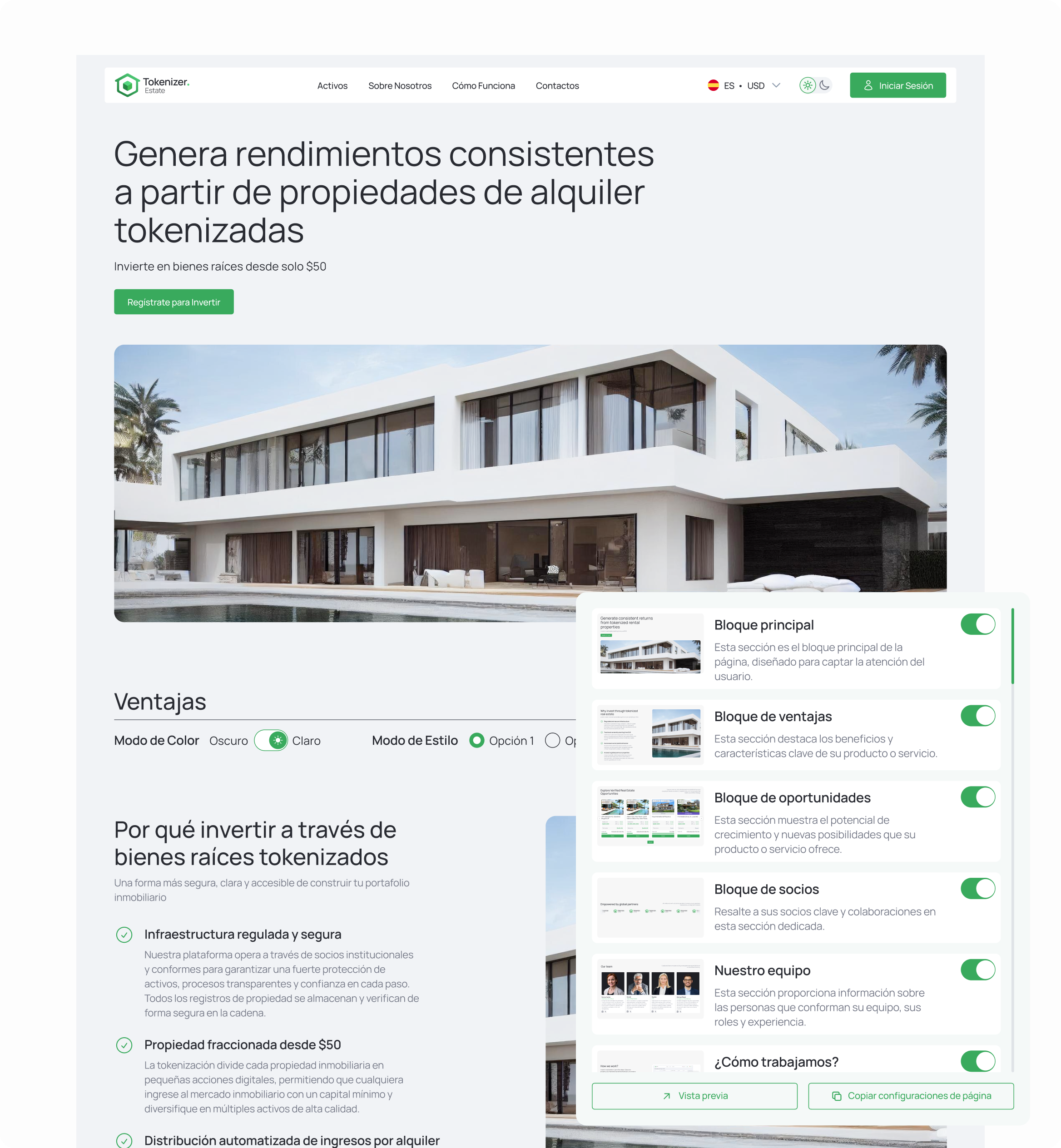 Custom project landing page for tokenized real estate