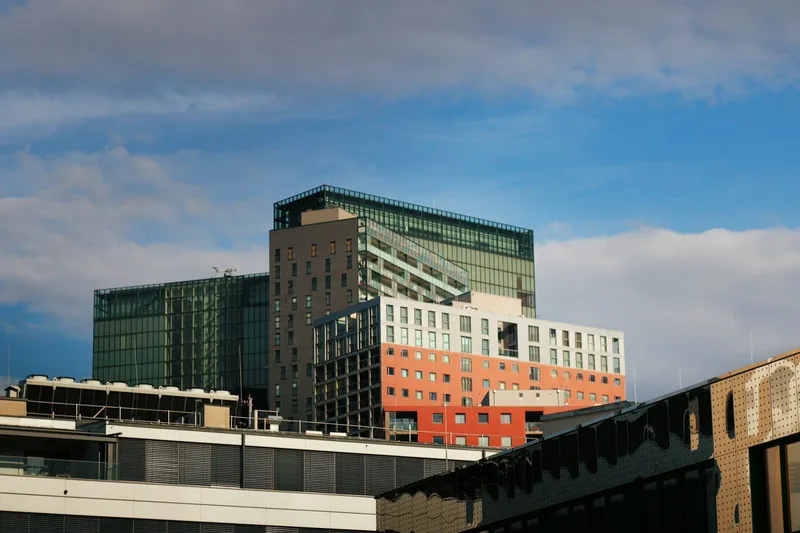 Modern office building under blue sky