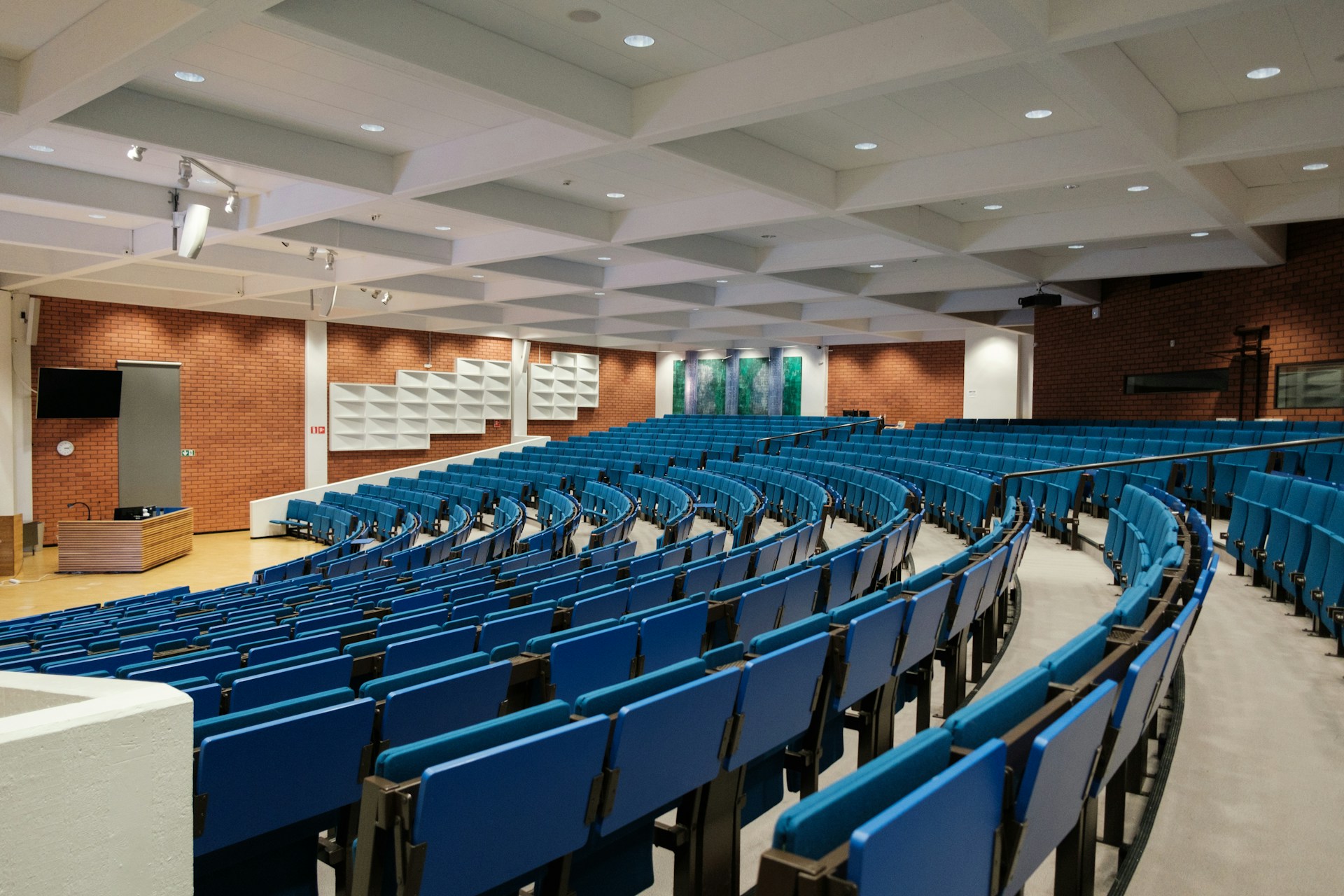 University lecture hall with tiered rows of seating