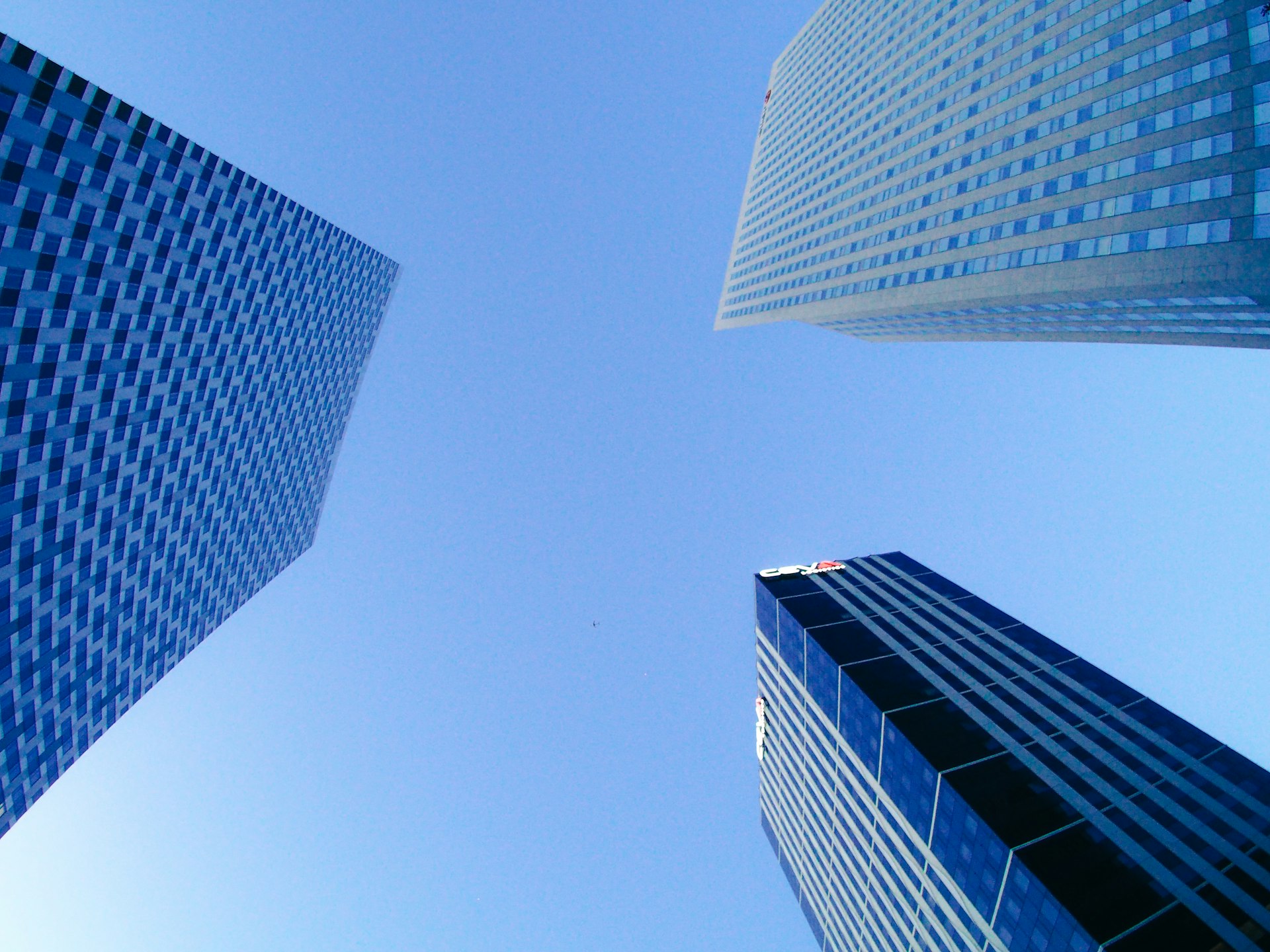 Modern office building under clear blue sky