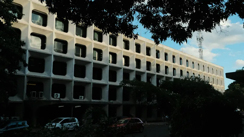 Modern office building under clear sky