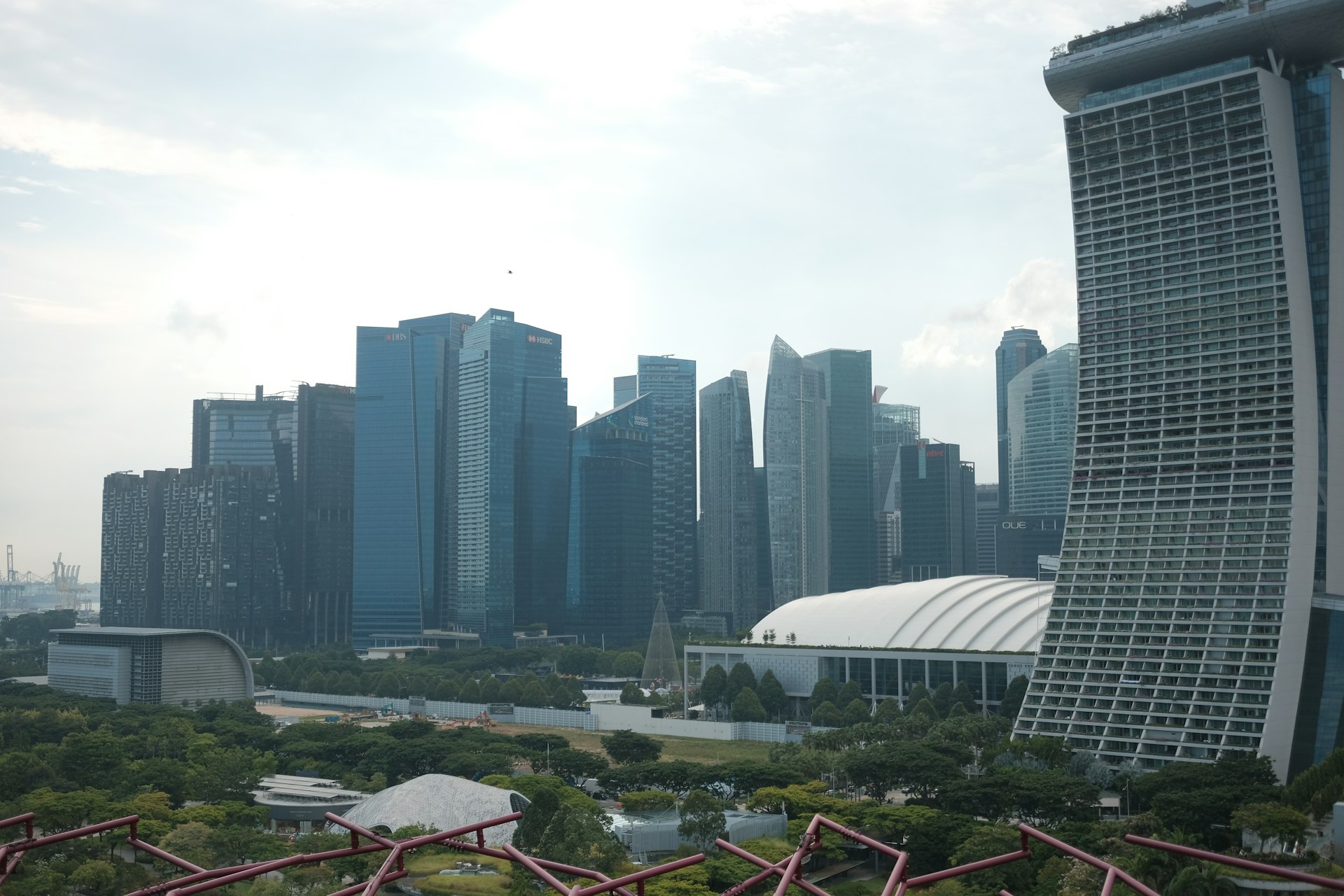 Singapore financial district skyline with modern skyscrapers.