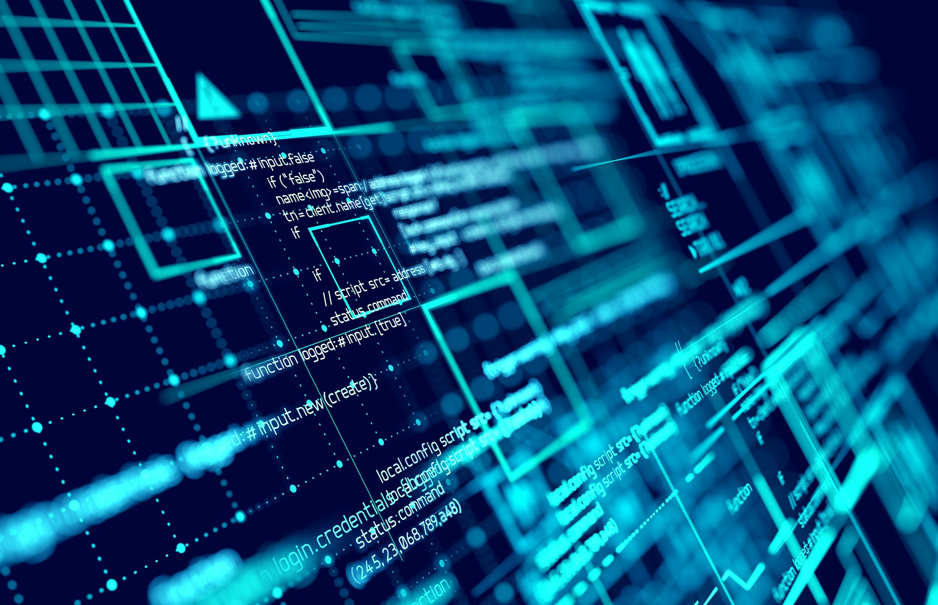 Abstract visualization of smart contract code on a blockchain network