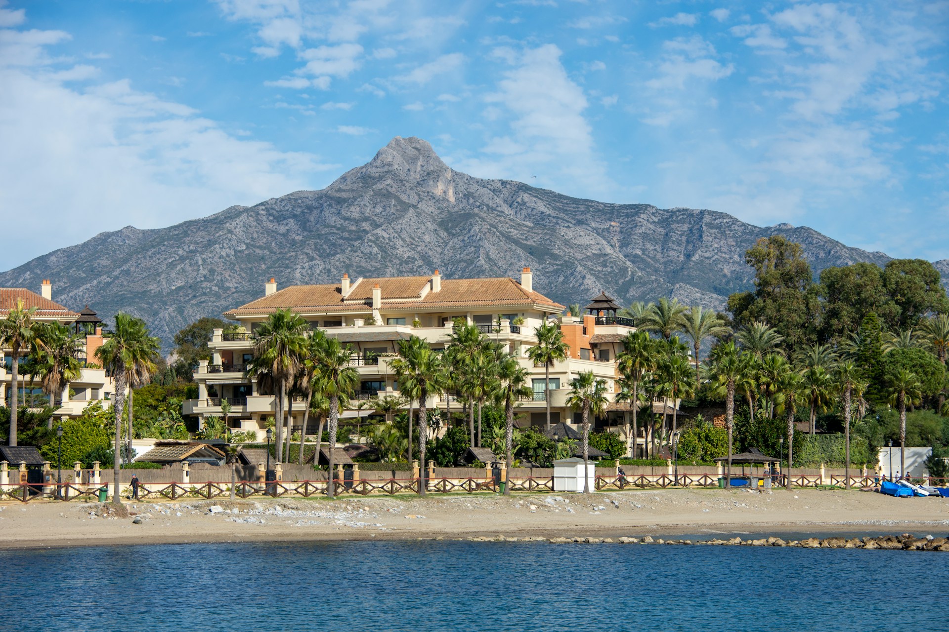 Beachfront vacation rental apartments with palm trees and a mountain backdrop
