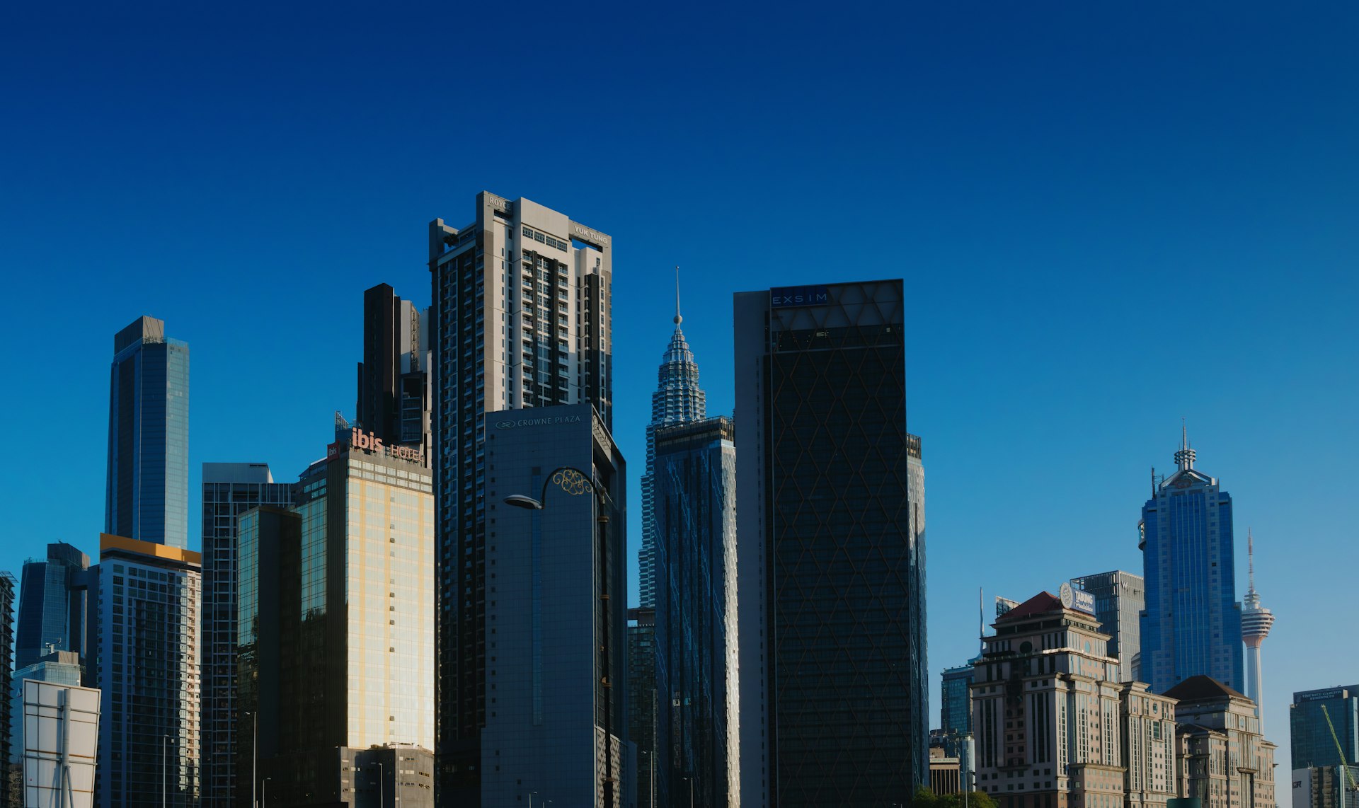 Daytime view of a bustling financial district skyline