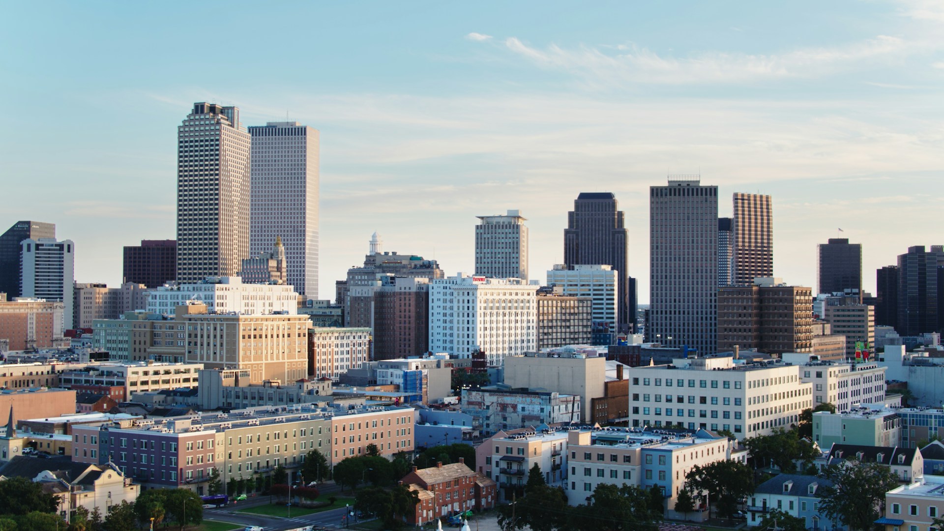 Downtown skyline over a mixed residential and commercial district