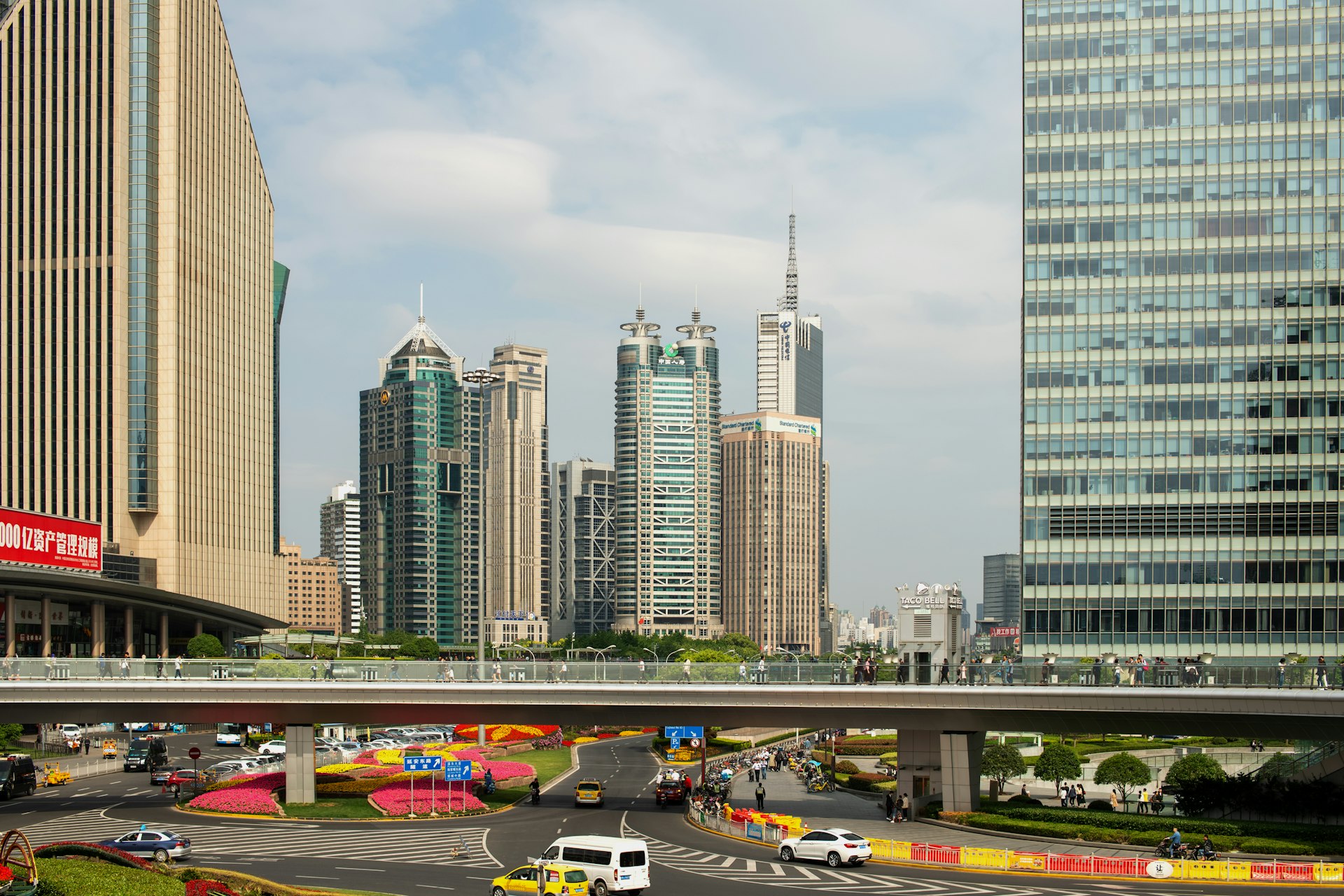 Modern financial district under bright sky