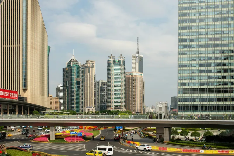 Modern financial district under bright sky