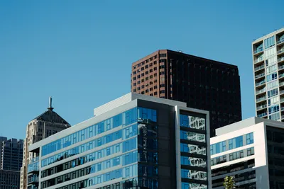 Modern office building under clear blue sky