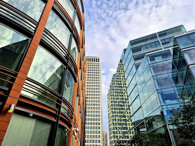 Modern office building under bright sky