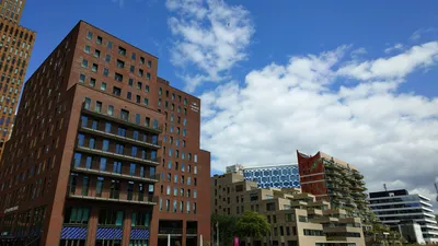 Modern office building under clear sky