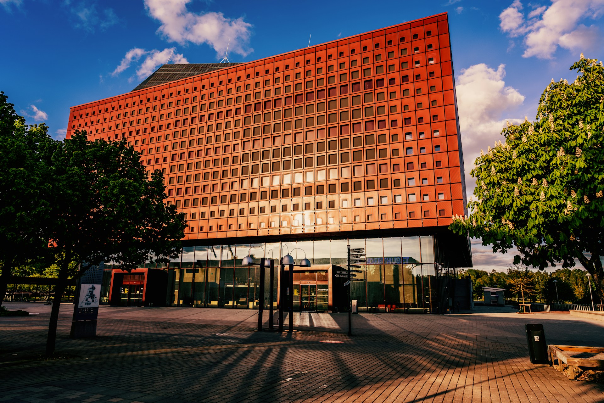Modern purpose-built student accommodation building on a campus