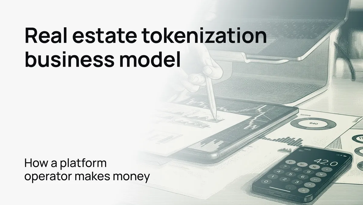 Hand with a stylus over financial charts, a tablet and a calculator, illustrating how a real estate tokenization platform makes money