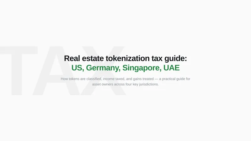 Real estate tokenization tax guide cover — US capital gains, Germany, Singapore, UAE , four jurisdictions where the real deals happen