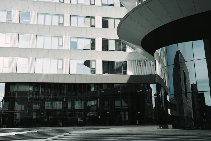 Modern office building under bright sky