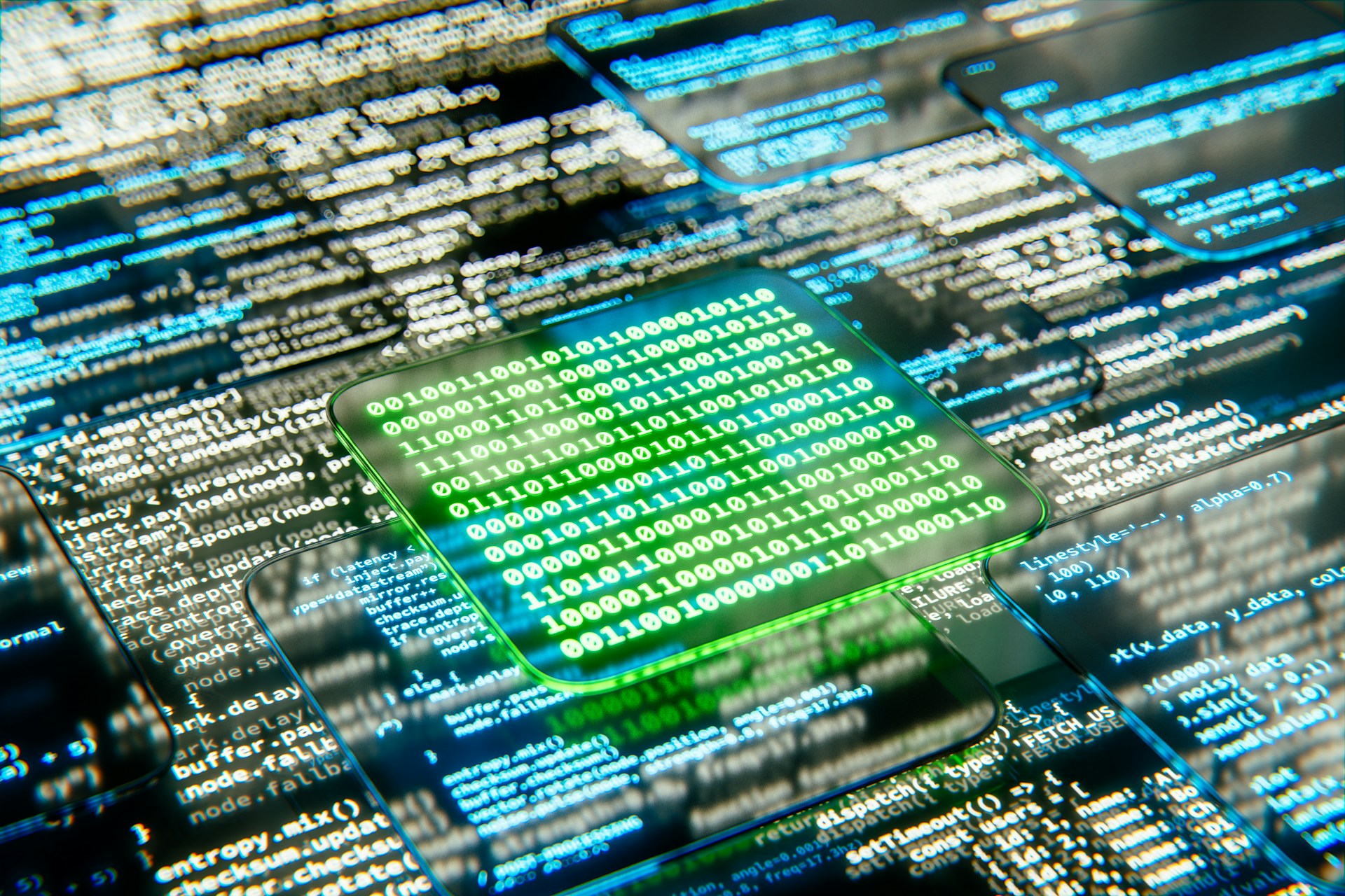 Abstract digital illustration of overlapping code panels with a block of green binary in the centre