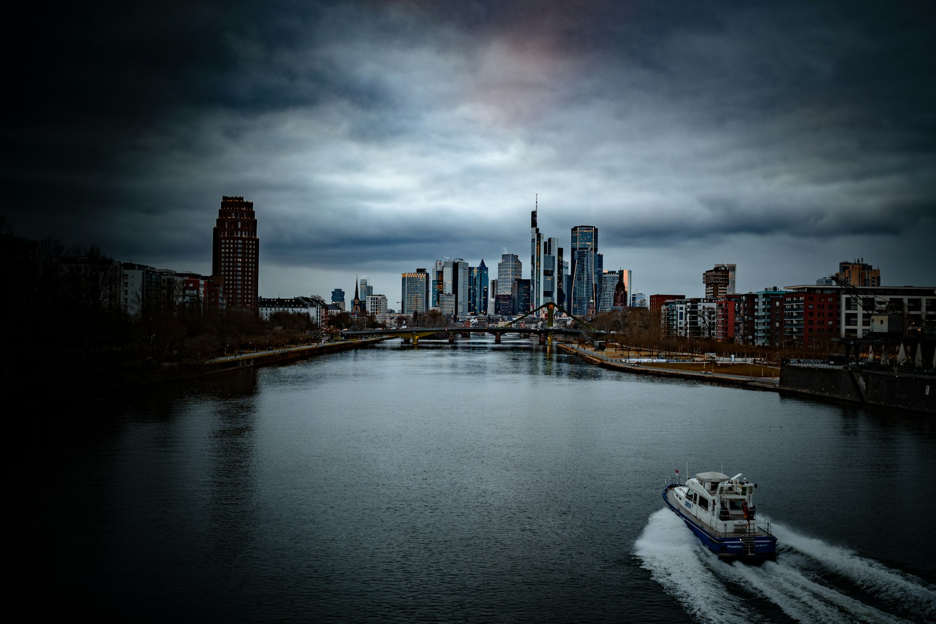 A view of a modern European city financial district with tall buildings.