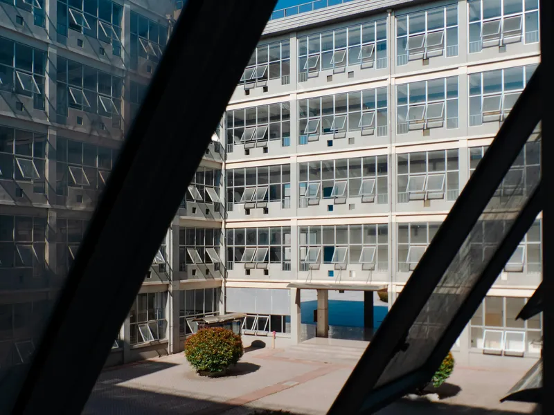 Modern office building under clear sky
