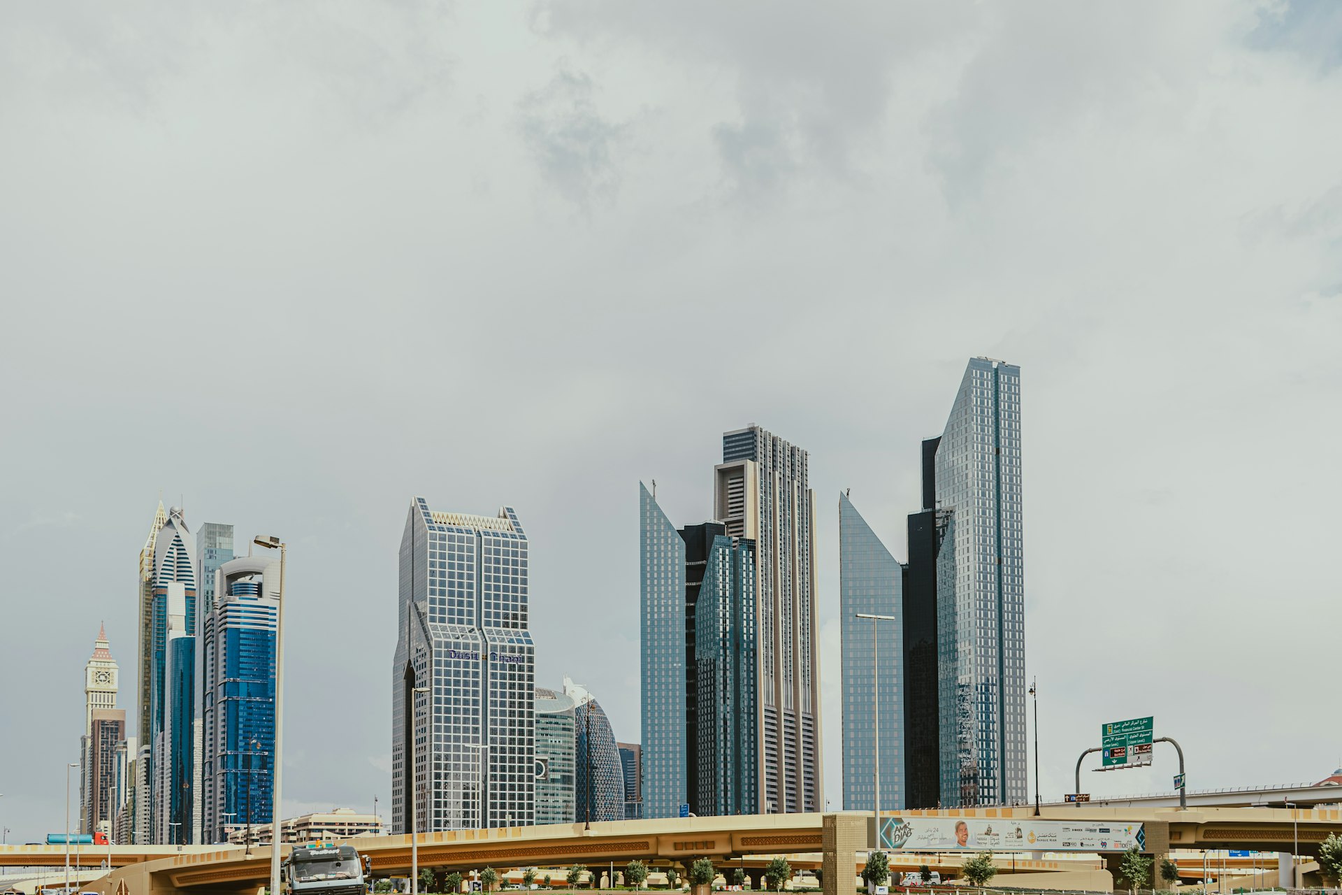 Overview of Dubai's financial district with modern buildings.