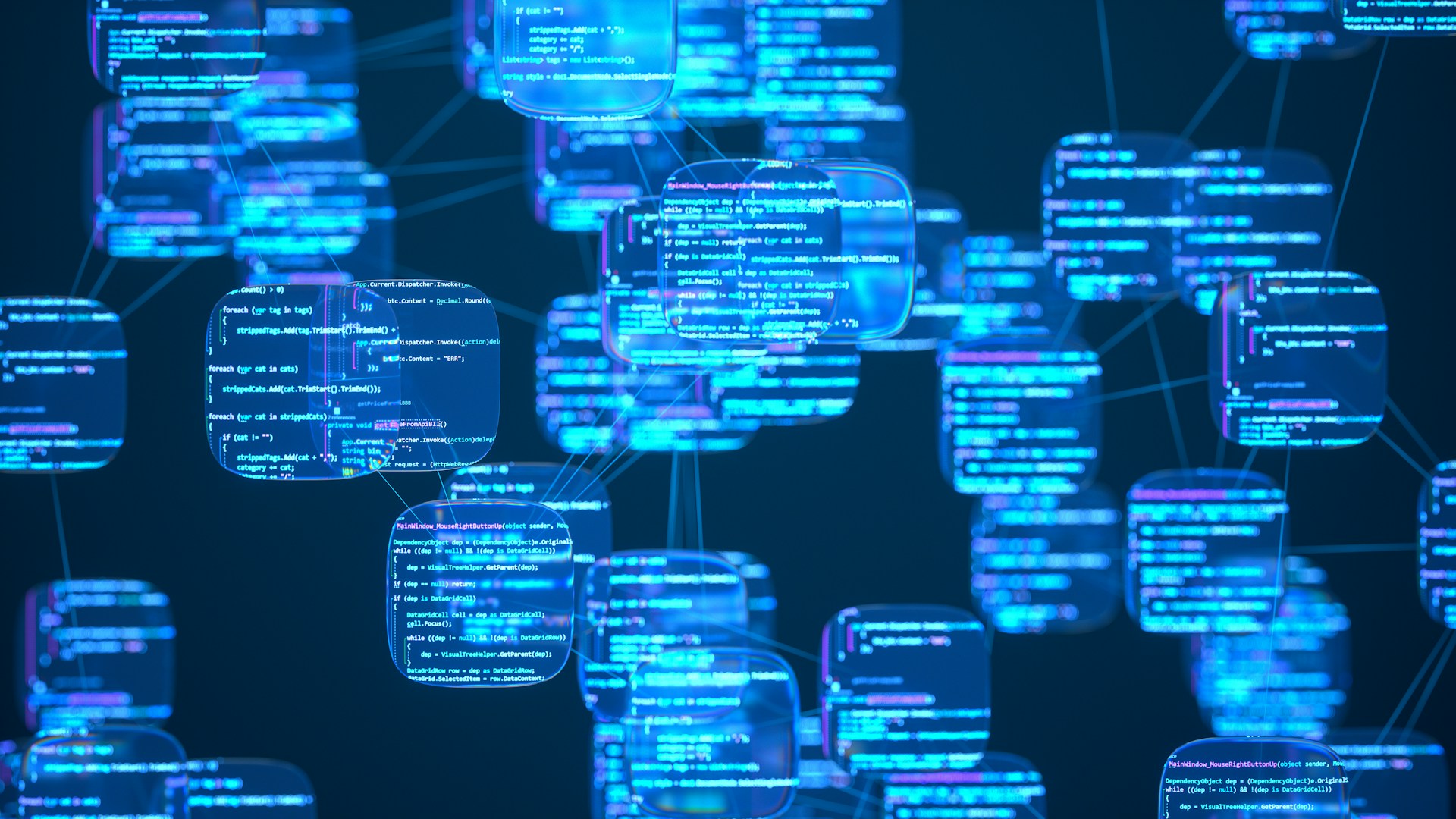 Network of connected code blocks representing smart contract logic