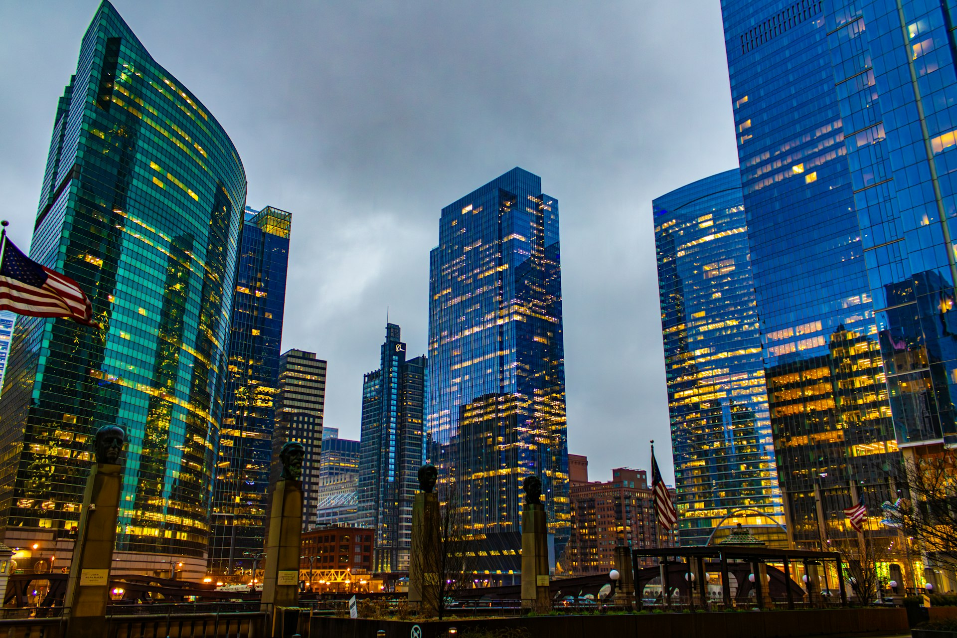 Modern financial district under bright sky